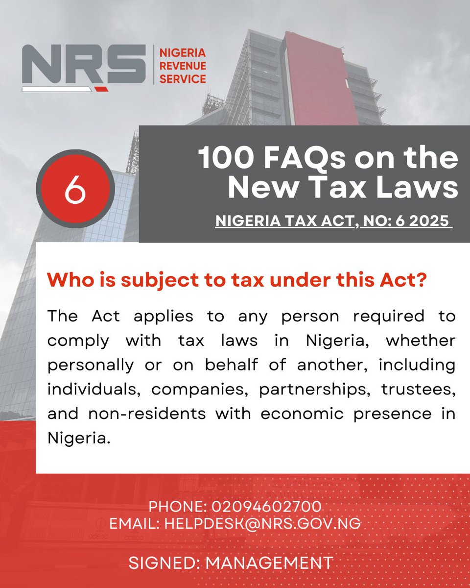 NigeriaRevenue's tweet photo. Day 1: The New Tax Laws are here. Check out our FAQs for clear answers and guidance 📑. #NRS #NewTaxLaws https://t.co/x3ykRFvDcO