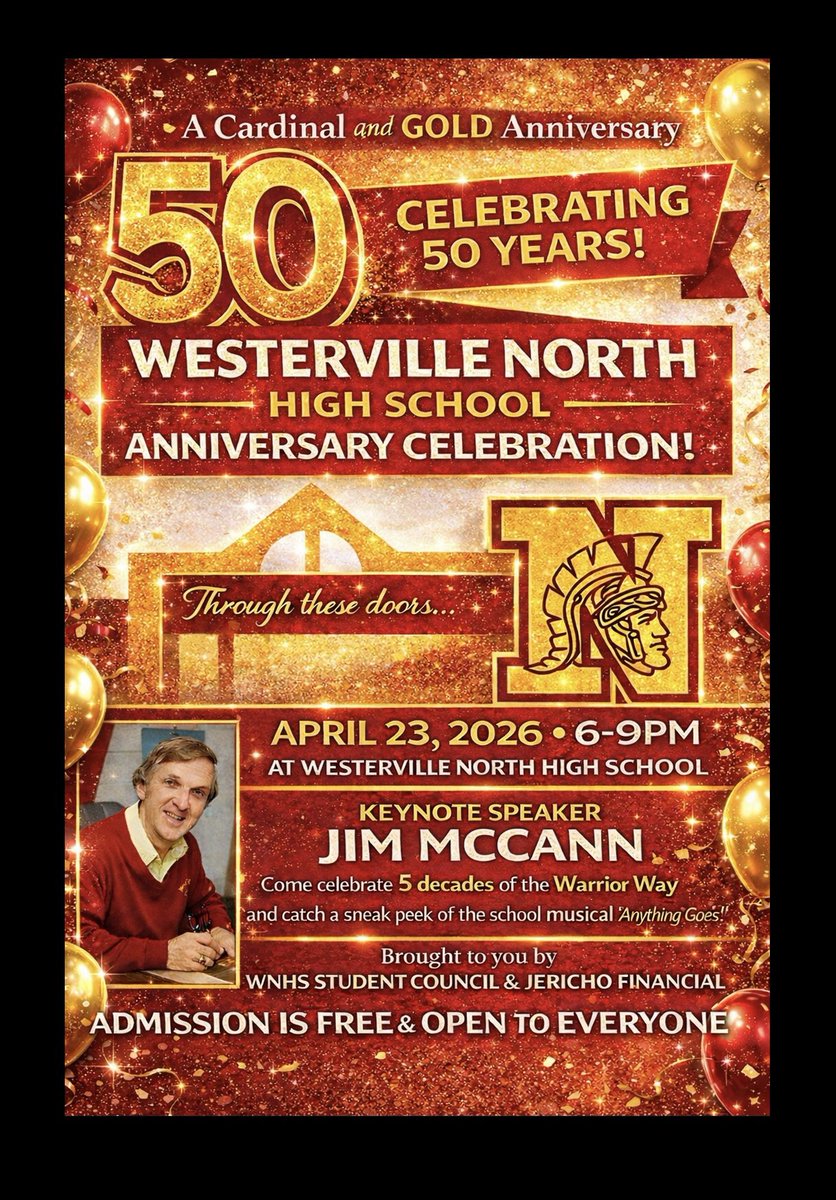 PresidentBeard's tweet photo. For 5 decades, the finest students and staff in the world have passed through the doors of Westerville North High School!

Come celebrate the Warriors’ GOLDEN Anniversary on Thursday, April 23rd from 6-9pm at the school! Details in the flyer below!

#WNHS50 #ALLN @NorthWarriorsAD https://t.co/qHG0e0CrXf