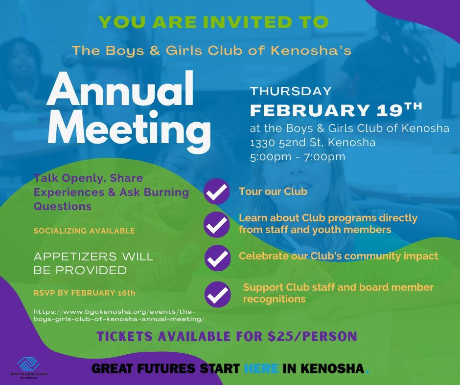 Join us on Thursday, February 19th, 2026, from 5-7pm as we reflect on our journey, showcase our programs, and look forward to a future full of possibilities for our youth.

🎟️ Tickets: $25 – Grab yours now: buff.ly/7rms5B8

#BGCKenosha #AnnualMeeting2026 #YouthDevelopment