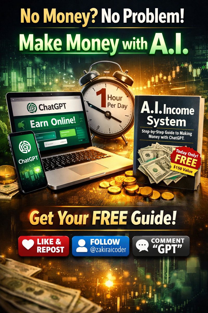 You don’t need money to make money with AI.

You need a system.

ChatGPT + laptop + 1 hour/day is enough to start.

I documented the exact method in a guide (usually $150).
Free today.

To get your copy:
Like &amp; Repost
Follow <a href="/zakiraicoder/">Zakir Hossain</a>
Reply "GPT" below and I'll DM you!