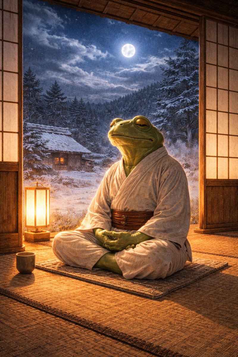 SatoriHopper's tweet image. The wind has gone.
The night remains cold.
Outside, clouds drift fast.
Inside, he does not move.
Even in a restless world,
stillness is possible.
風は過ぎた。
夜はまだ冷たい。
外では雲が流れ、
内では動かない。
揺れる世界でも、
静けさは選べる。
#SatoriHopper #ZenFrog #WinterNight