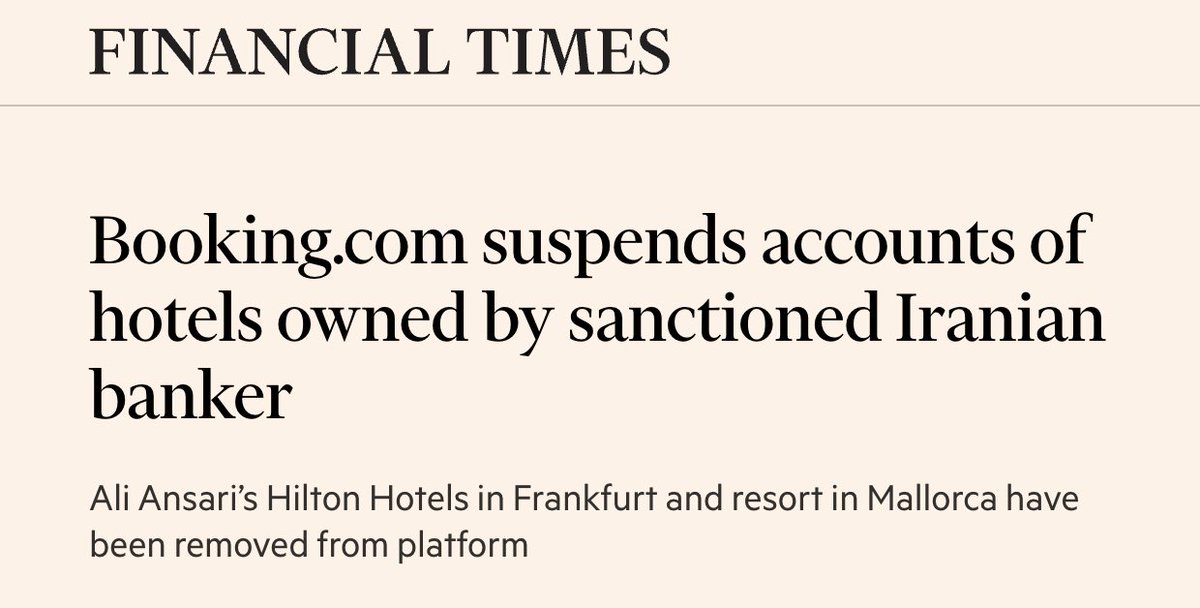 mahdi's tweet image. ⚡️ BREAKING: Booking.com has suspended the accounts of several luxury European hotels, including two Hiltons, and cancelled hundreds of reservations after the @FT revealed them to be owned by an Iranian banker, Ali Ansari, under UK sanctions.

Full story on @FT 👇