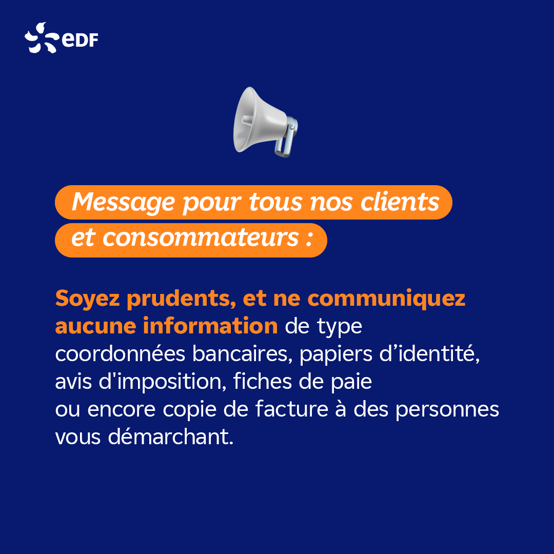 EDFofficiel's tweet photo. Le groupe EDF appelle à la vigilance face à des démarchages frauduleux.

N'hésitez pas à partager ces informations autour de vous. 👇