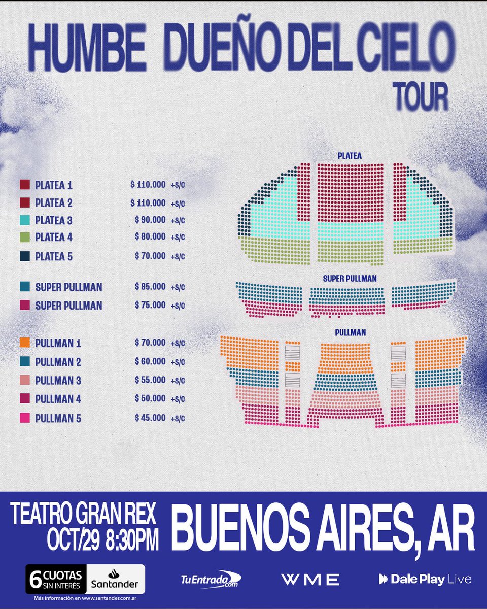 livedaleplay's tweet photo. HUMBE LLEGA A BUENOS AIRES ✨

Humbe llega a Argentina con un show íntimo para todos los que encuentran en su música un lugar seguro 🥹

🗓️ 29 de octubre
🏟️ Teatro Gran Rex

💳 Venta general con todos los medios de pago el martes 10 a las 13hs. Disfrutá de 6 cuotas sin interés con tu tarjeta @Santander_Ar 

🔗 https://t.co/Nj1bw1UaOy

#ProduceDalePlay💙