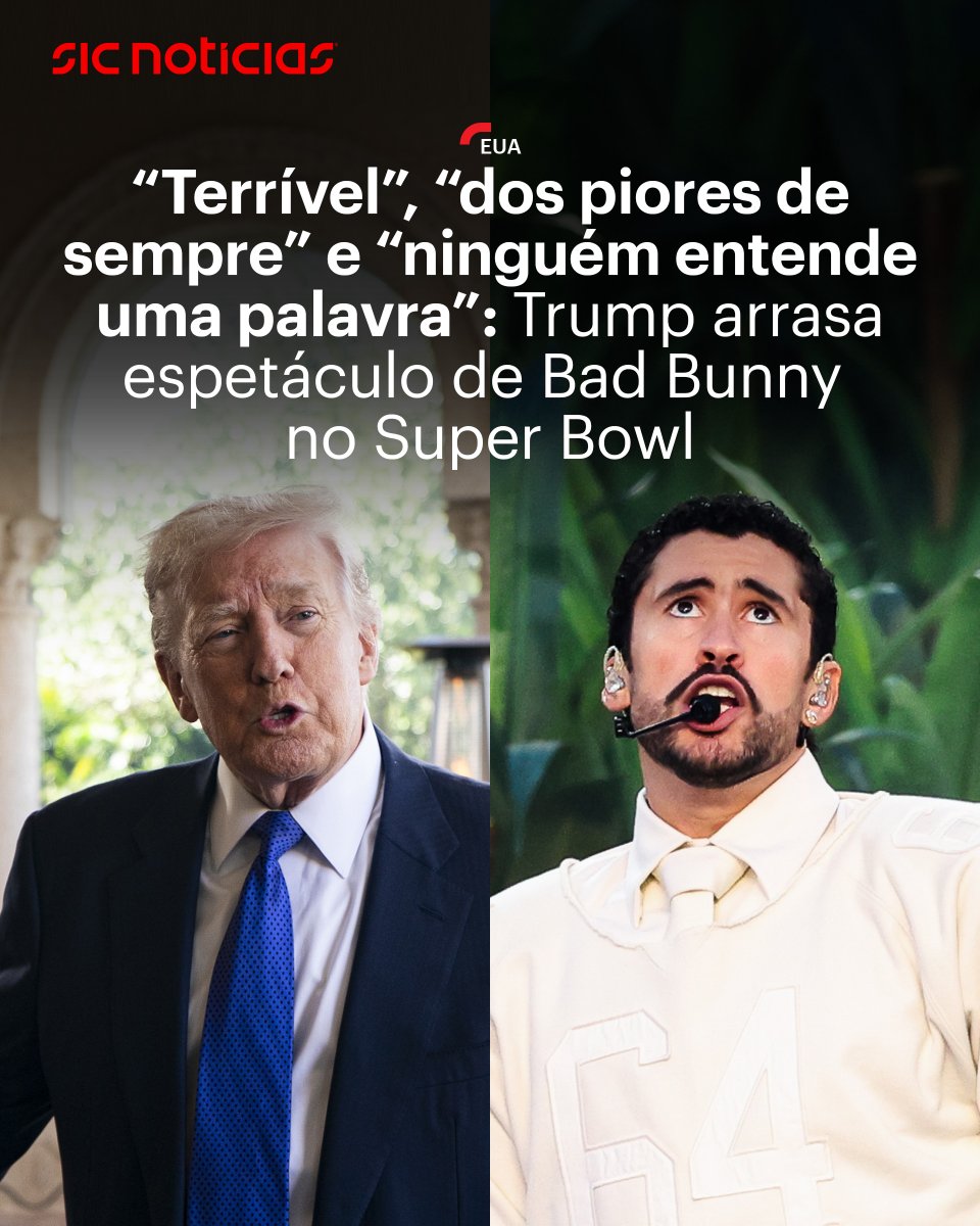 SICNoticias's tweet photo. O concerto do artista porto-riquenho foi duramente criticado pelo presidente norte-americano, que classificou a atuação como uma das piores de todos os tempos.

Saiba mais em: https://t.co/sPUGpMEalD

#donaldtrump #badbunny #superbowl #news #sicnoticias https://t.co/5AtfFuyBmZ