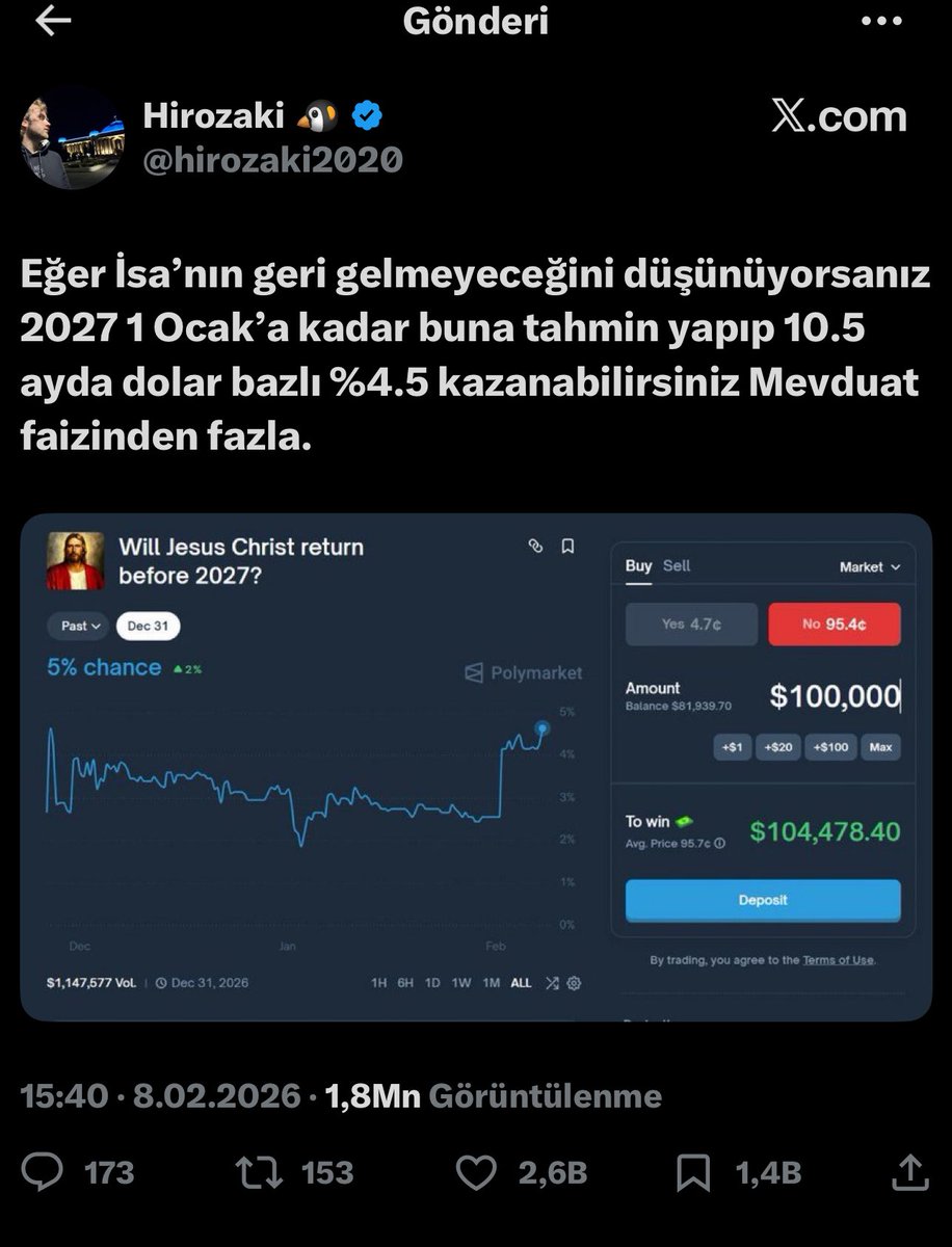 Bu hesabin yapmis oldugu yasa disi bahis reklami beni bahise ozendirdi bu bahis sitesidir ulkemizde lisansi bulunmamaktadir su an kumar oynamamak icin elimi kolumu zor tutuyorum lutfen geregi yapilsin <a href="/EmniyetGM/">Türk Polis Teşkilatı</a> <a href="/adalet_bakanlik/">T.C. Adalet Bakanlığı</a> <a href="/istanbulCBS/">İstanbul Cumhuriyet Başsavcılığı</a> bu bir bahis reklamidir.