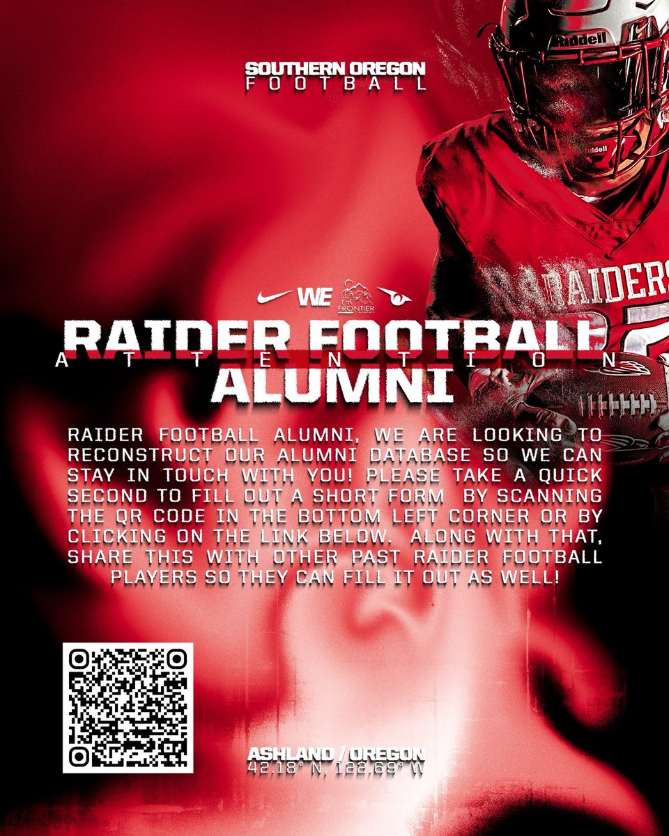 SOU_Football's tweet image. 🚨RAIDER FOOTBALL ALUMNI‼️

We are rebuilding our alumni database and would like for you to fill out this short form so we can stay in touch with you!

southernoregonuniversity.formstack.com/forms/football…

#WE / #UpTheMO