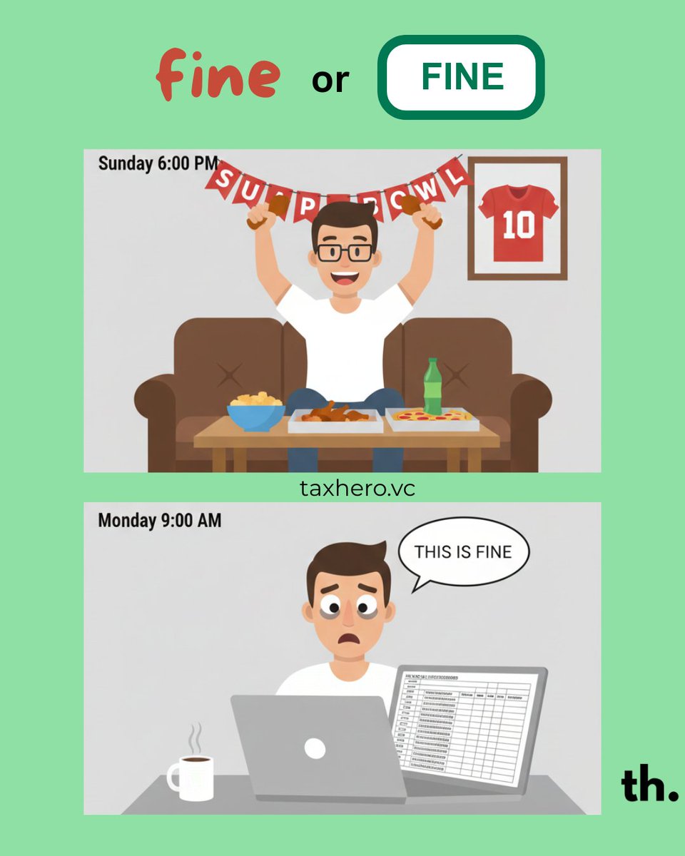 SauleDC's tweet photo. The Super Bowl scaries are real, but the tax season exhaustion is next level. 🙃

TaxHero AI cleans up the mess while you’re still recovering from that 4th-quarter heart attack. 

Free startup tax calendar: https://t.co/dACiihYvY0

#taxheroai #startuptaxes #superbowl #fine https://t.co/v5ij1oJ4WA