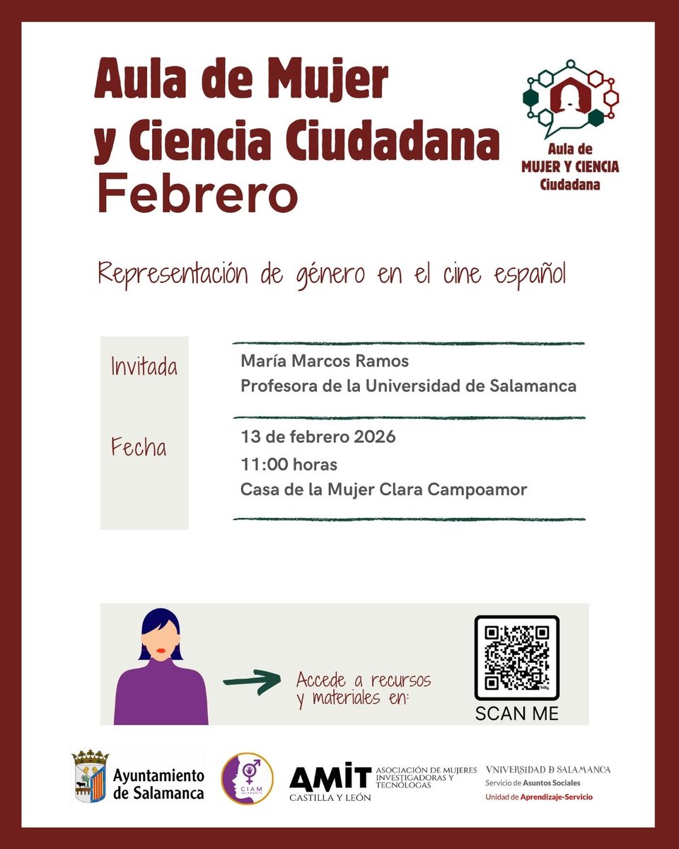 AMITCyL's tweet image. En el Aula de Mujer y Ciencia Ciudadana, este mes: 

Cine y Representación: cuando la ficción nos mira de frente, con María Marcos Ramos (Universidad de Salamanca)

Viernes 13 de febrero | 11:00 h
Casa de la Mujer Clara Campoamor