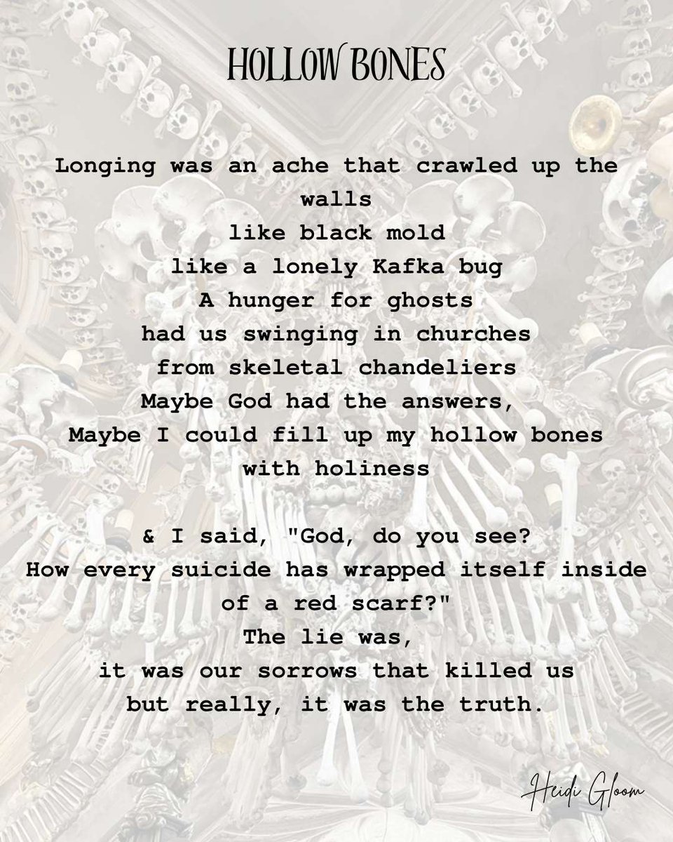 HMNolanbooks's tweet image. Hollow #Bones 

Longing was an ache that crawled up the walls
like black mold
like a lonely Kafka bug
A hunger for ghosts
had us swinging in churches
from skeletal chandeliers
#vss365 #vsspoem #poetry #poetryprompt #HeidiGloom #recycledpoem