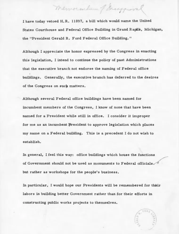 WakeUp2Politics's tweet photo. An earlier draft of Ford’s statement was even more pointed.

“I would hope our Presidents will be remembered for their labors in building better Government rather than for their efforts in constructing public works projects to themselves,” Ford initially wrote.

More on the history of things being named for presidents: https://t.co/OfTKqjaUvI