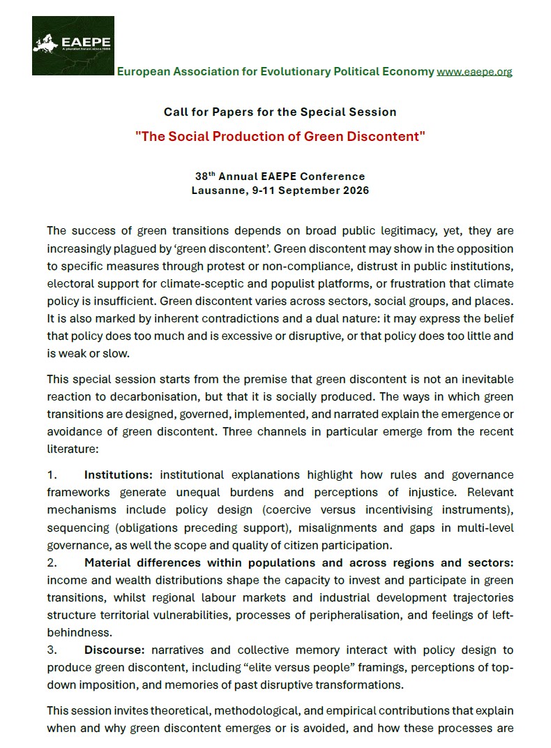 AleksandraPeer's tweet photo. 📝 We welcome contributions on:
• Theories or case studies of green discontent
• Cross‑country or sectoral comparisons
• Policy successes &amp; failures
• Conditions that avoid or transform discontent https://t.co/Hg0RFPZrQc