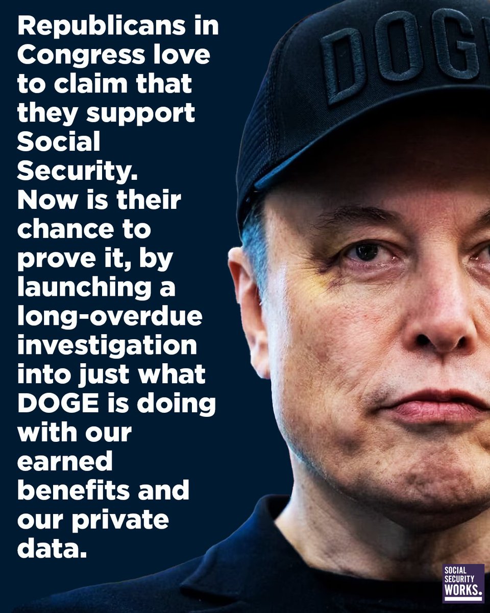 SSWorks's tweet photo. DOGE committed 340 million felonies by sharing our Social Security data without our consent.

No billionaire or DOGE goon should be able to dodge accountability for compromising our data by putting it on an unsecured server. https://t.co/glFVnVUNpQ