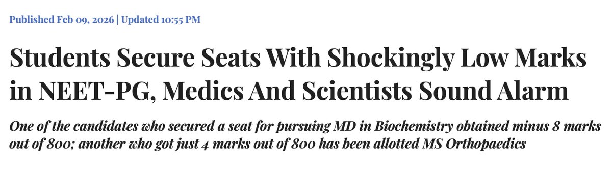 India has scripted history.

Biochemistry, the crème de la crème of the sciences, whose discoveries are adorned with 56 Nobel Prizes, whose portals are illuminated by Indian giants like Khorana and Subbarow, has today officially welcomed a student who scored minus 8 out of 800.