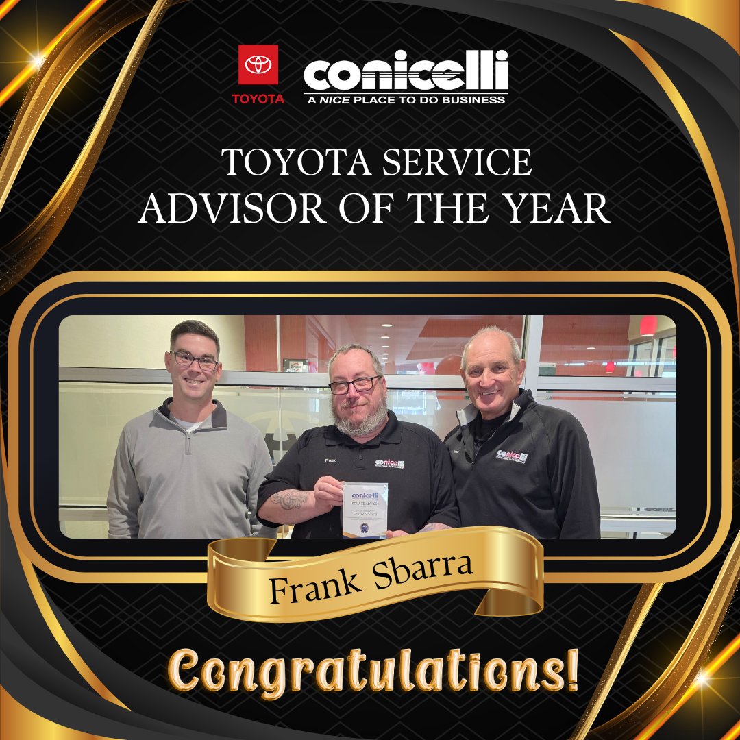 ConicelliSpring's tweet image. 🎉 Please join us in congratulating Frank Sbarra on being named Toyota Service Advisor of the Year!
His dedication, expertise, and commitment to providing outstanding customer service make him an invaluable member of the Conicelli Toyota team.
Congratulations, Frank! 👏🔧🏆