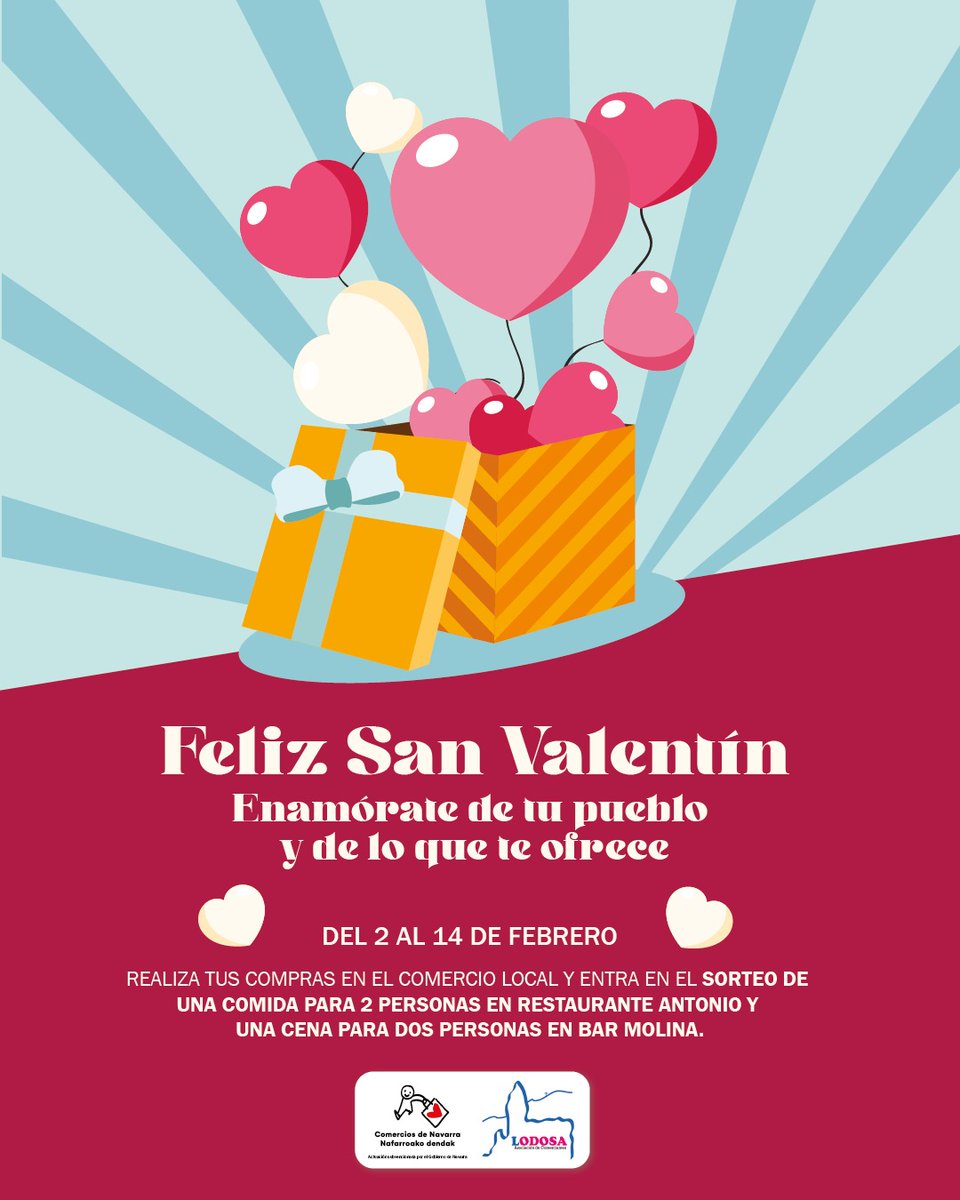 ❤️Este San Valentín, el mejor plan empieza en Lodosa ❤️Del 2-14 de feb por cada compra podrás ganar:
🍽️ 1 comida para 2 personas en Restaurante Antonio.
🍷 1 cena para 2 personas en Bar Molina.
Actuación subvencionada por el Gobierno de Navarra. <a href="/LODOSAinfo/">Lodosa INFO</a>
#SanValentín  #Lodosa