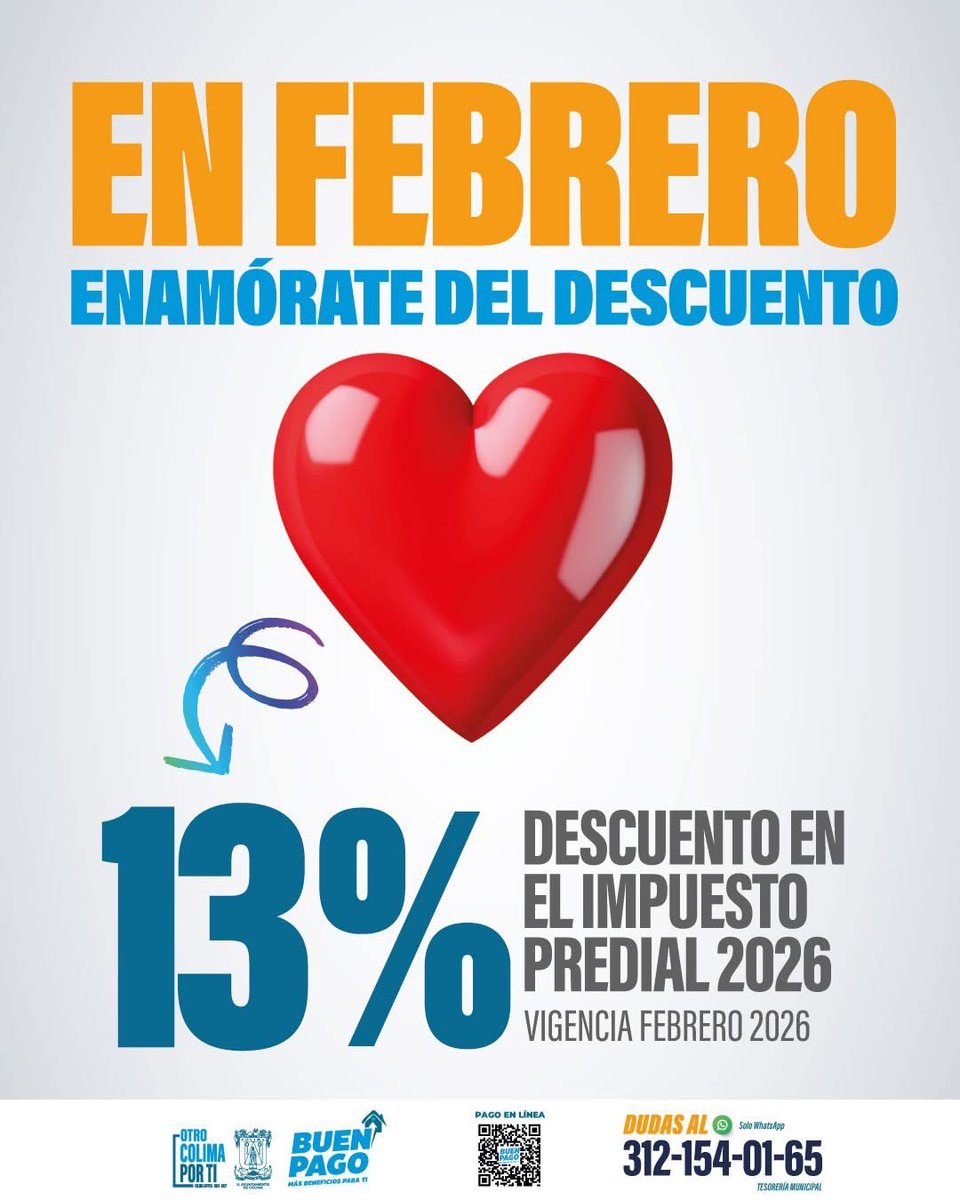 ¡Disfruta este mes del amor con un 13 % de descuento en el pago del predial! 💖💳

Con tu #BuenPago contribuimos a generar más y mejor infraestructura urbana, así como servicios de calidad para nuestra ciudad. 🙌

¡Aprovecha y ponte al corriente con tus contribuciones! ✨