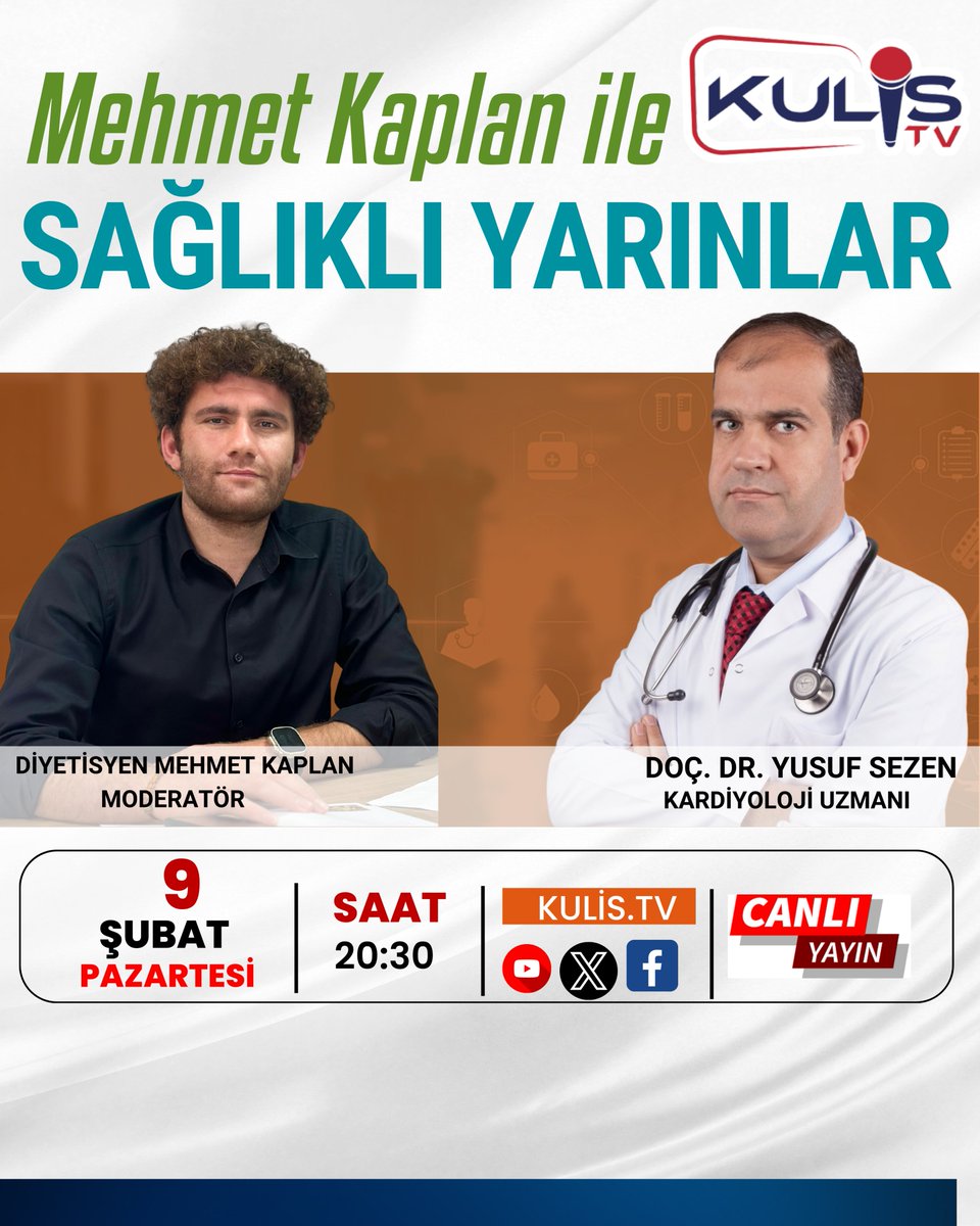 “Sağlıklı Yarınlar” Bu Hafta da Sağlığın Nabzını Tutuyor!

Kulis TV ekranlarında Diyetisyen Mehmet Kaplan moderatörlüğünde hazırlanan “Sağlıklı Yarınlar” programı, bu hafta da toplum sağlığını yakından ilgilendiren önemli bir konuyla izleyici karşısında.

🎙️ Bu haftaki konuğumuz: