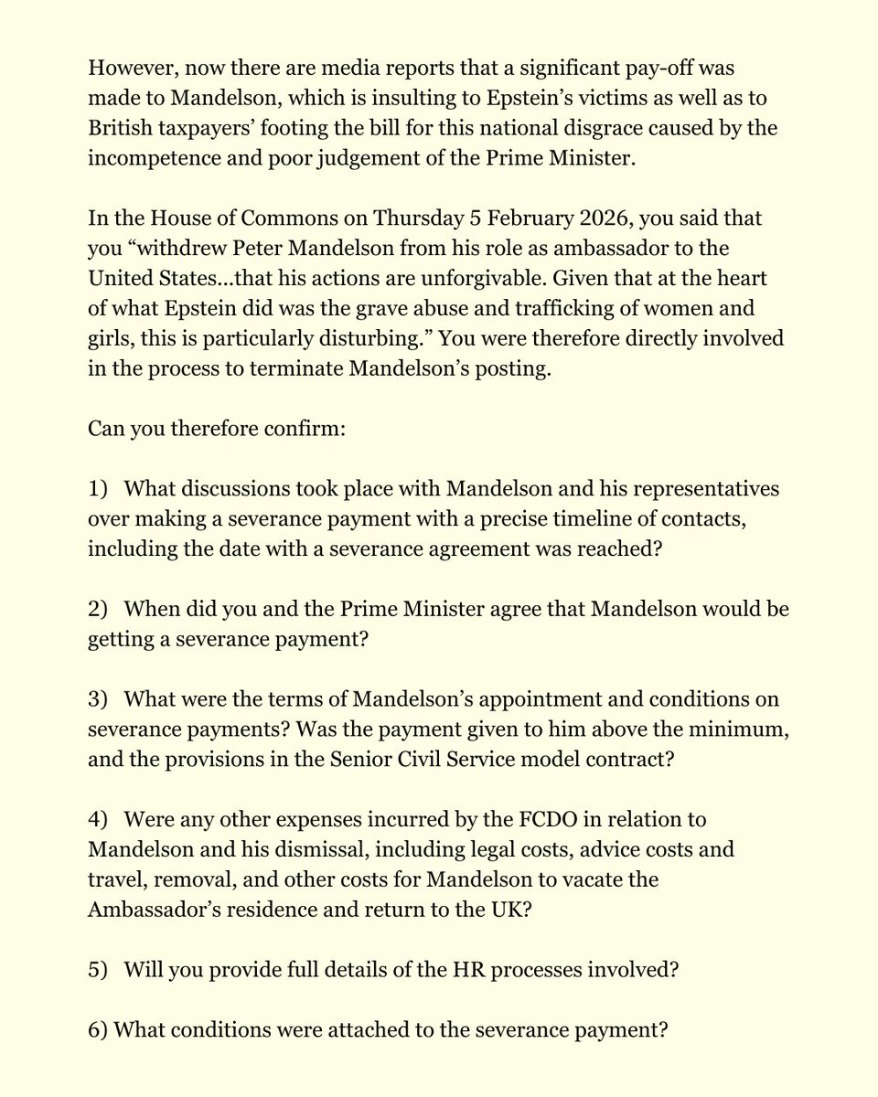 pritipatel's tweet photo. The Foreign Secretary has serious questions to answer about the role she and her department played in the utterly shameful cover-up of Peter Mandelson’s payment following his removal as the UK’s Ambassador to the United States.

Read my letter to Yvette Cooper and the questions she must fully answer.

The public deserves transparency over the decision to give a five-figure, taxpayer-funded payout to Mandelson. This is a disgusting betrayal of Epstein’s victims and a stain on this government.