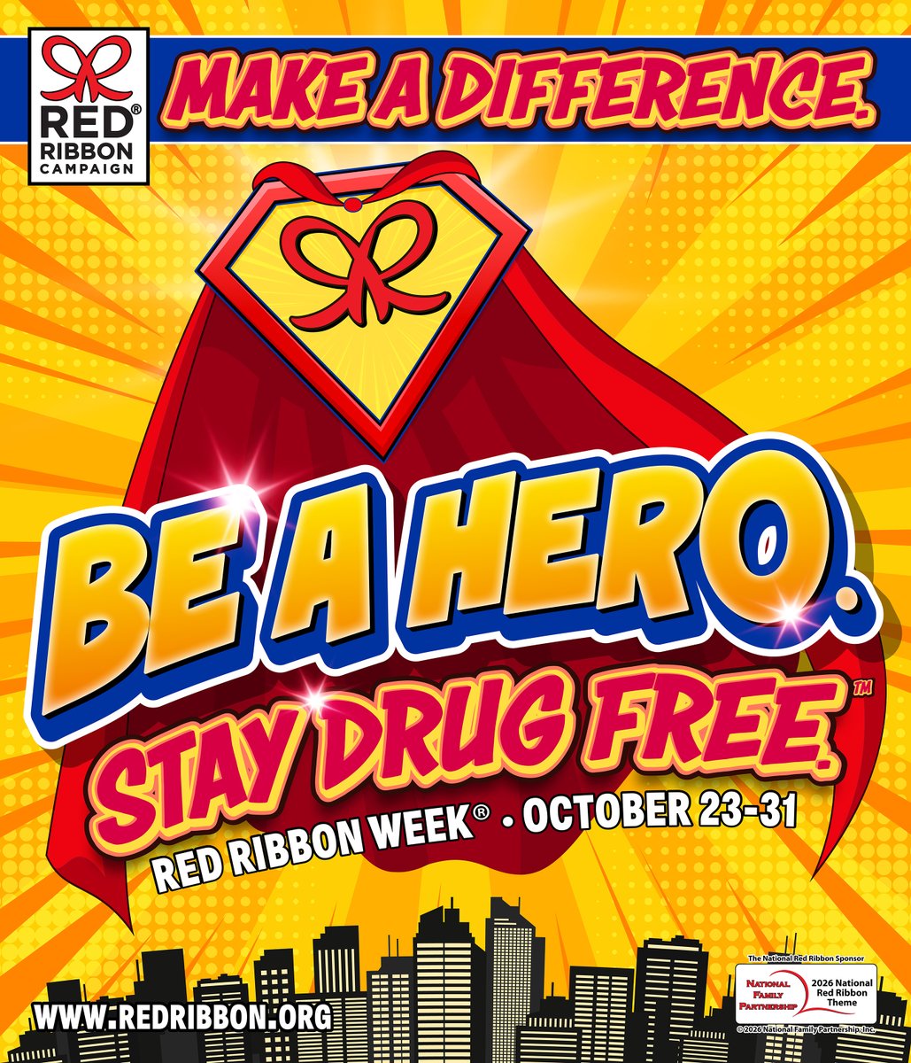 Official 2026 Red Ribbon Week theme:
“Make a Difference. Be a Hero. Stay Drug Free.™” ❤️
Congrats to student winner Ava Tackett!

Theme: redribbon.org/theme
Blog: tinyurl.com/yvy4wput

#RedRibbonWeek