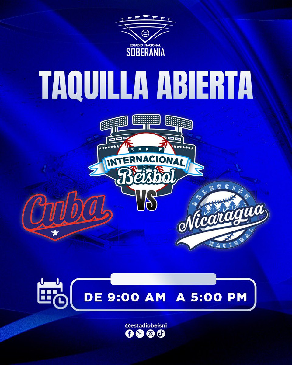 🤩Taquilla abierta 🎫
No olvides 💥comprar tus entradas 🎟️ para el juego de la serie internacional 💥
 Cuba 🇨🇺 🆚🇳🇮 <a href="/selebeisbolnic/">Selección de Nicaragua</a> 
#EstadioNacionalSoberanía🏟️