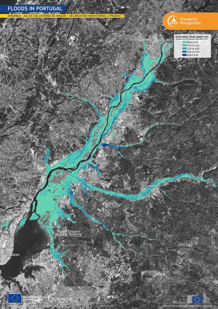 🌀 Storm Leonardo brought heavy rain to 🇵🇹 Portugal in early Feb 2026, worsening floods after Storm Kristin. 🛰️ 

<a href="/CopernicusEMS/">Copernicus EMS</a> was activated, mapping flooded areas along the Tagus River - over 64,000 ha affected.

🔗 copernicus.eu/en/media/image…

#CopernicusEU #ImageOfTheDay