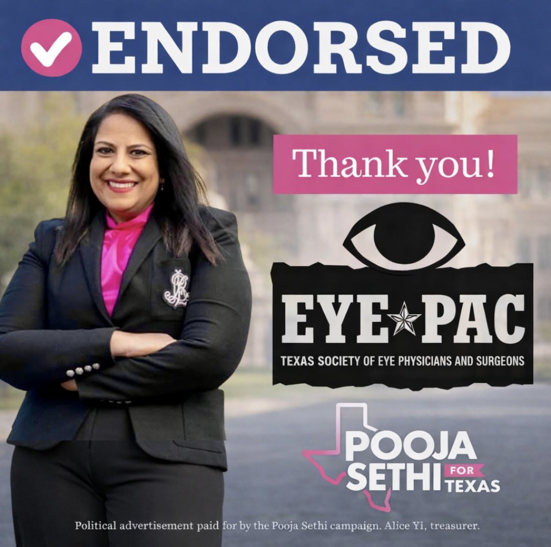 PoojaforTexas's tweet photo. Honored to be endorsed by EYE PAC, representing eye physicians and surgeons across Texas. 

TX House District 47 is home to so many physicians and healthcare professionals, and I’m proud to represent a community deeply connected to the work of caring for others. 

I’ll fight for policies that let healthcare professionals focus on care, not politics. #txlege #hd47