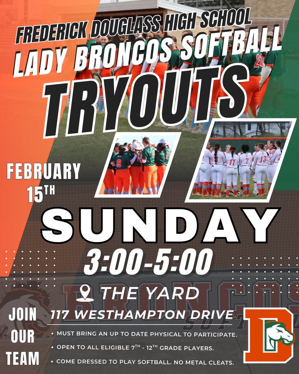 FDHS_softball's tweet photo. 🚨 TRYOUTS THIS SUNDAY 🚨

Tryouts will be this Sunday • 3:00-5:00 at The Yard. 
✨Must have an up to date sports physical to participate. ✨Please follow the link to register and upload your physical. ➡️ https://t.co/Yn66kkGxPV

#2026BroncosSoftball
@FDHSATHLETICS https://t.co/r0HJ95biRd