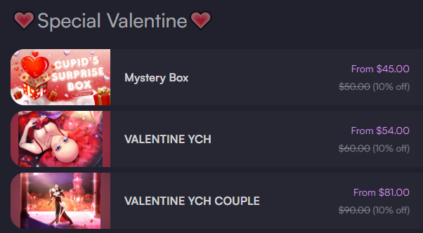 OMG COUNTING DAYS TO VALENTINE 😱

ready to celebrate this valentine with something special? let's grab my SPECIAL VALENTINE EDITION services from mystery box, valentine ych, and ych couple to make your VALENTINE more special 💗🍫

⋆⭒˚.⋆ #artmoots #Commission #VGenArtist ✮⋆