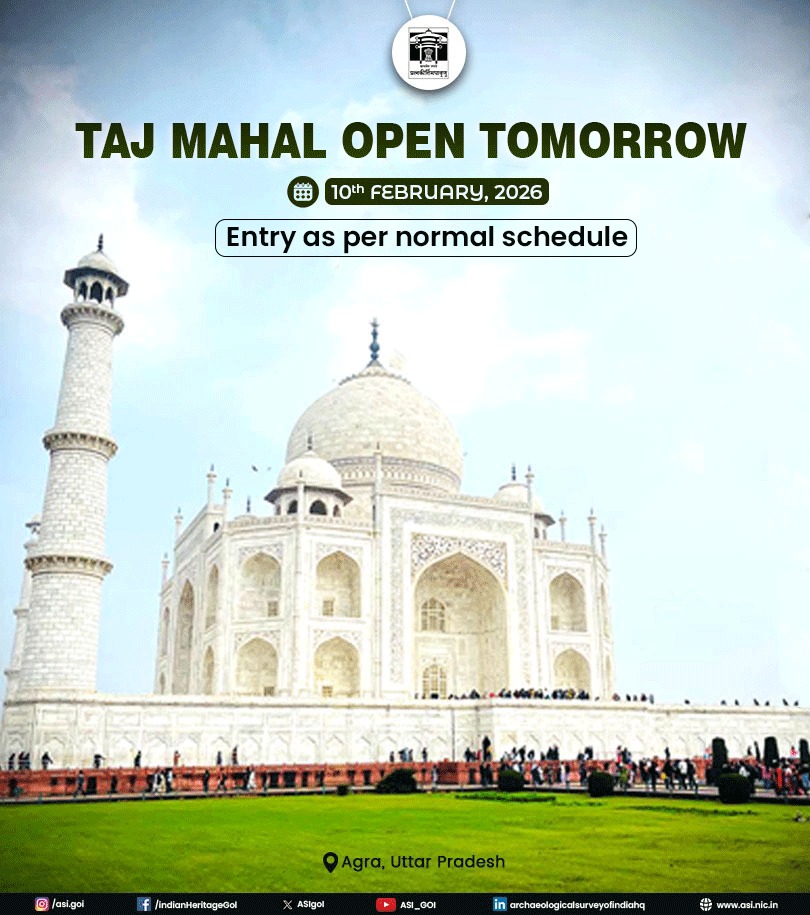 ASIGoI's tweet image. In view of cancellation of the proposed VVIP visit, the Taj Mahal will remain open tomorrow for the general public. Entry and ticketing will function as usual.

#tajmahal #UNESCO #unescoworldheritage #ArchaeologicalSurveyofIndia #heritage