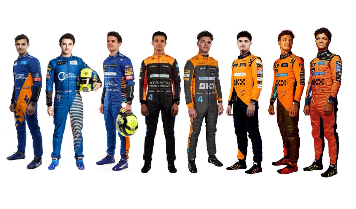 ln4norris's tweet image. the evolution of the mclaren race suits from lando’s first season in F1 until now