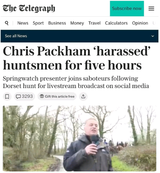 HsaChair's tweet photo. So the Telegraph thinks filming from a road, a Hunt which has convictions forf illegal hunting, is now harassment. https://t.co/zVPMCHTPxy