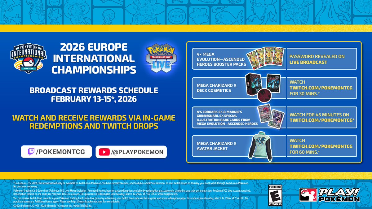 PokemonTCGLive's tweet image. Make sure to tune in to the #PokemonEUIC broadcast this weekend to earn a variety of digital rewards for #PokemonTCGLive 🎁