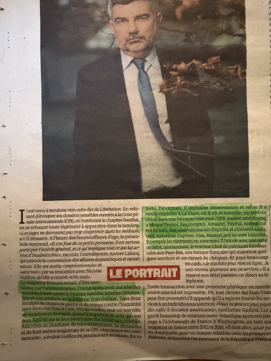 Dans la page portrait de Libération de ce lundi, on apprend que Nicolas Guillou, magistrat de la CPI en charge du mandat d’arrêt contre Netanyahou a de ce fait été classé par les Etats-Unis sur une liste de 15 000 personnes sanctionnées. Ce qui non seulement l’interdit de