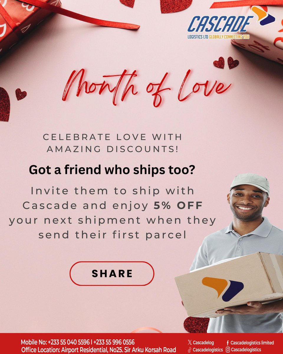 Love grows when you share it. This Month of Love, we are rewarding connections 💕
Refer a friend to Cascade Logistics and enjoy 5% OFF your next shipment when they ship for the first time. 

#ValentinesDay #shipwithlove #MonthOfLove