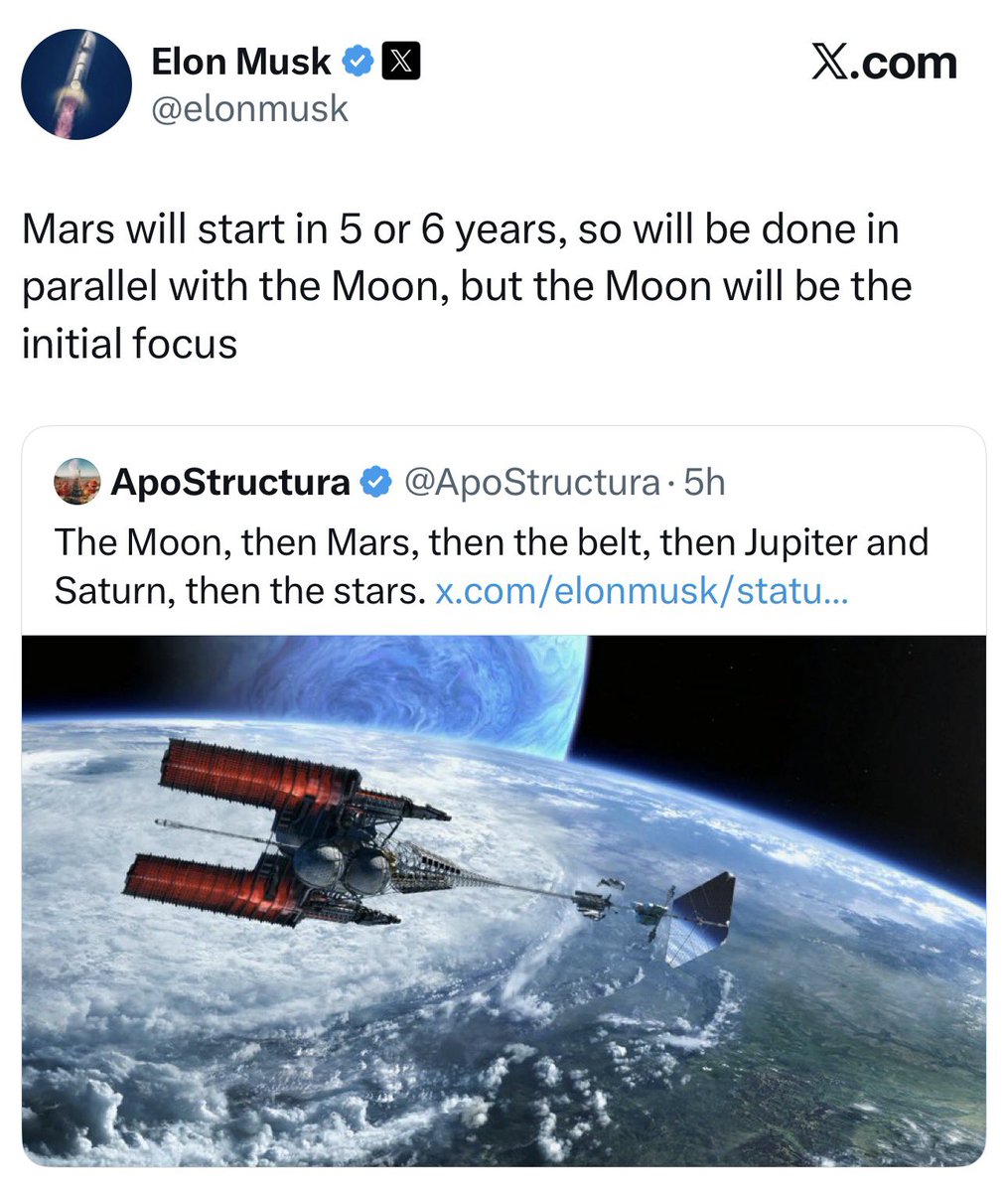🚨‼️Elon Musk talks about “Mars in 5 or 6 years” like it is the next software update, and that right there ought to wake people up. They have been dangling the same carrot since the old sci fi pulp magazines, then the space race, then the shuttle era, then the Mars rover era, and