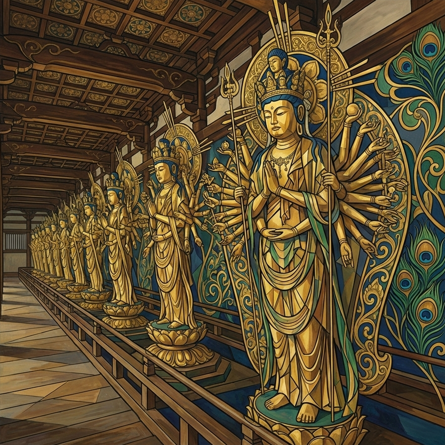 jpw_666's tweet photo. Be amazed by 1,001 golden Kannon statues lined up in a long wooden hall. It's said you can find a statue that looks just like you! ✨🏯
#Sanjusangendo #Kyoto #Kannon #ArtNouveau #Cubism #BuddhistArt #GoldenStatues #TempleArchitecture #JapanTravel #JapanTrip https://t.co/mBhiwo3oS8
