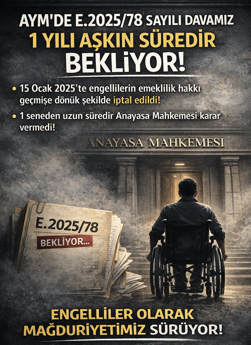 NaezLi's tweet photo. @ycelltaskin16 15 Ocak 2025’te engellilerin emeklilik hakkı ellerinden alındı, geçmişe dönük uygulama ile haklarımız yok sayıldı.
@AYMBASKANLIGI na götürülen dava üzerinden 1 yıl geçti, hala sonuç yok! Mağduriyetimiz devam ediyor.
#Adalet bu kadar gecikmemeli.
#EngelliHakları #EngelliEmekliliği https://t.co/iN92GSR2Mz