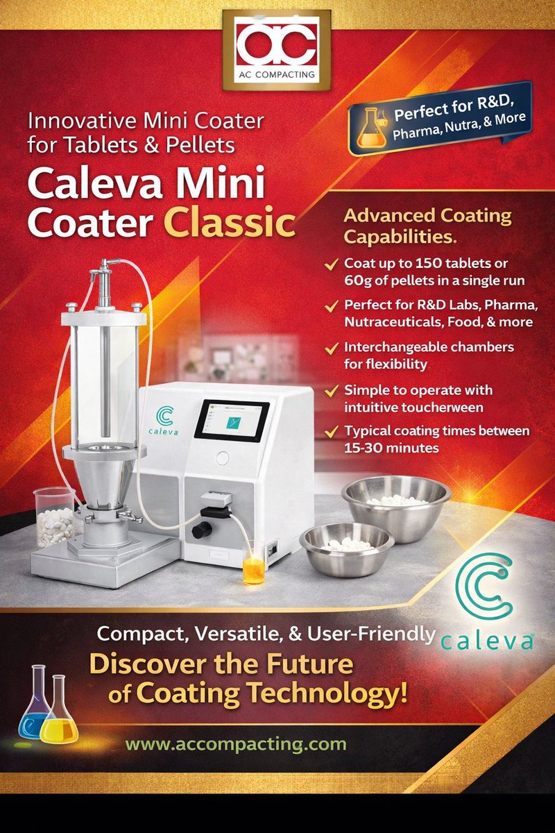 ACCompacting's tweet photo. Small-scale coating. Serious control.

The Caleva Mini Coater Classic lets R&amp;D and pilot labs coat from a single tablet up to ~150 units, with typical runs in 15–30 minutes.

Designed for pharma, nutraceutical, food, &amp; research applications where precision and flexibility matter. https://t.co/pfBy2FDu7l