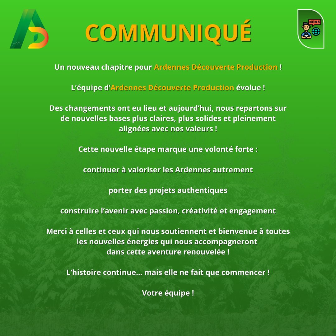 08decouverte's tweet photo. Un nouveau chapitre pour Ardennes Découverte Production !

Merci à celles et ceux qui nous soutiennent et bienvenue à toutes les nouvelles énergies qui nous accompagneront dans cette aventure renouvelée !

L’histoire continue… mais elle ne fait que commencer ! https://t.co/Dql3hdMqhI