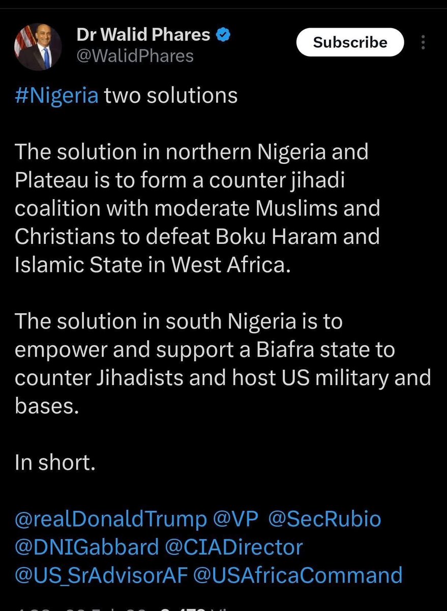 mcfredieu's tweet photo. @WalidPhares thank you for this position, it is the right and lasting solution for the madness going on in Nigeria. If @POTUS @realmadrid didn’t divide Nigeria while in office we will all live to regret it. https://t.co/SdMWq7cAy0