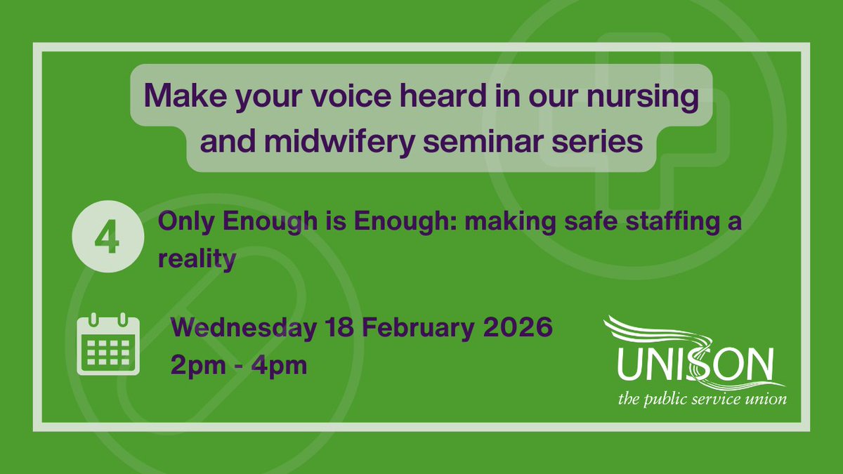 Staff shortages are placing unfair strain on you and putting patients at risk. So UNISON members across the UK are taking action.

Join our seminar for UNISON members to hear more about our safe staffing campaign and share your experiences. 

Sign up at unsn.uk/4ovbRFr