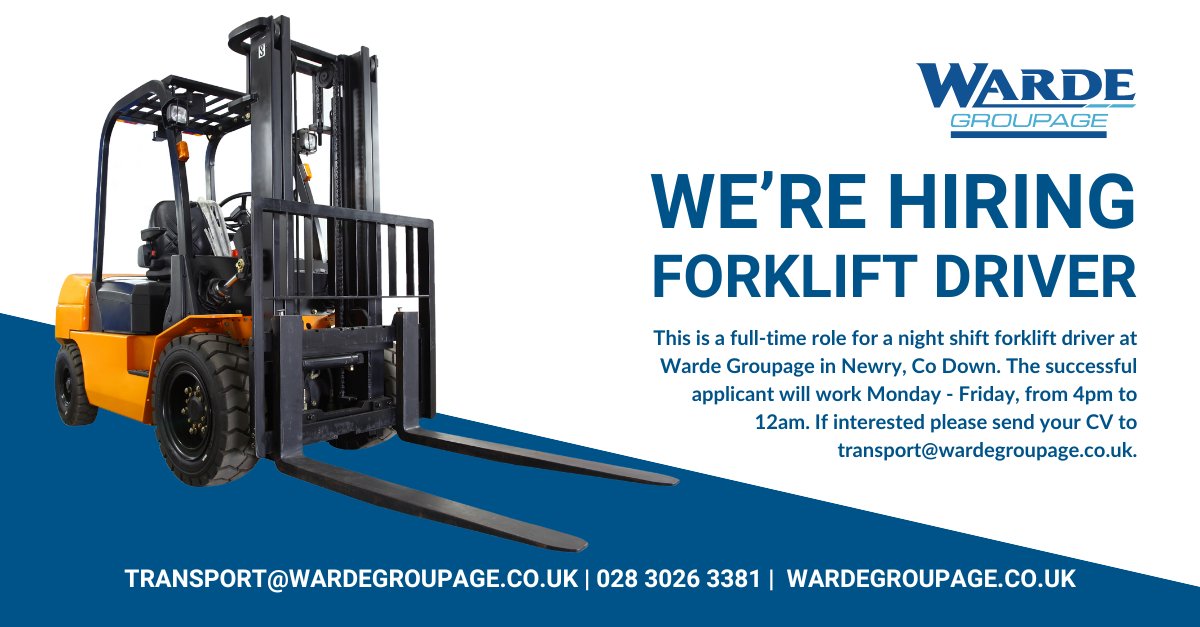We're searching for a night shift forklift driver to join the team. Working full time, Monday - Friday, 4pm - 12am.

If interested please email your CV to transport@wardegroupage.co.uk or give us a call. #jobsearch #jobfairy