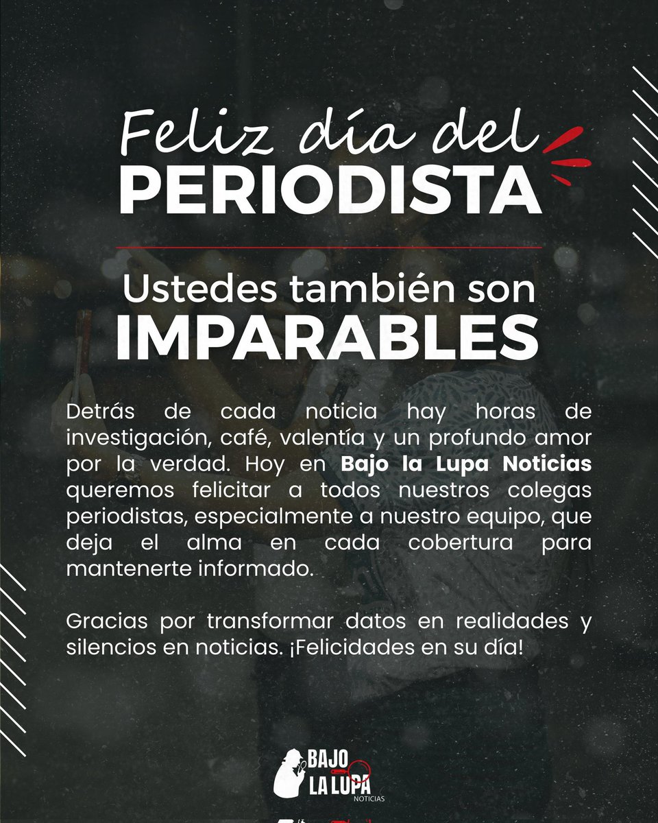 facebook.com/share/p/1FfWya…

#DíaDelPeriodista Desde Bajo La Lupa Noticias les deseamos un Feliz Día del periodista en una valiosa y hermosa profesión que aporta a la construcción de la sociedad 🫂 #FelizDía