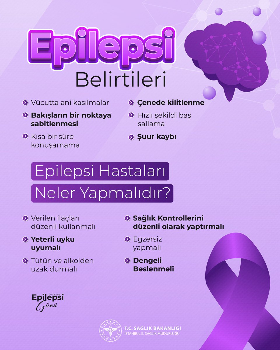 Epilepsi, doğru bilgi ve düzenli takip ile kontrol altına alınabilen bir hastalıktır.

Epilepsi Belirtileri:

• Vücutta ani kasılmalar
• Bakışların bir noktaya sabitlenmesi
• Kısa bir süre konuşamama
• Çenede kilitlenme
• Hızlı şekilde baş sallama
• Şuur kaybı

Epilepsi