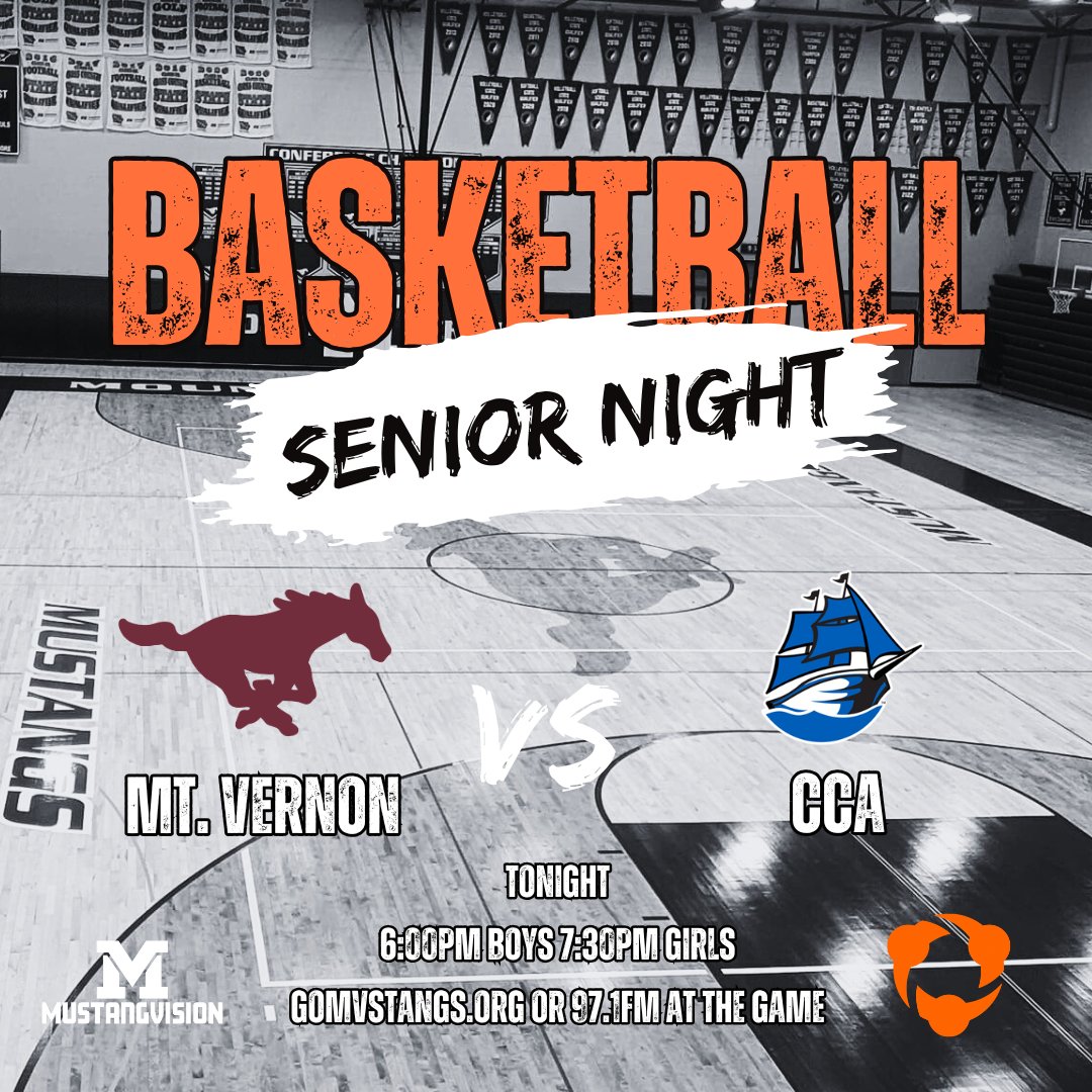 🏀Basketball Doubleheader/ Senior Night 
🐴 <a href="/stangbball/">Mount Vernon Boys Basketball</a> <a href="/MVMustangHoops/">Mount Vernon GBB</a> vs.
⛵️ <a href="/CCAGirlsBB/">Clear Creek Amana Girls Basketball</a> 
📍Mt. Vernon High School   
⏰6:00pm &amp; 7:15pm  
📺<a href="/Hudl/">Hudl</a> or gomvstangs.org 
📻97.1 FM at the game.  
📰<a href="/IAbasketball_/">IAbasketball</a> <a href="/Bound_IA/">Bound Iowa</a>