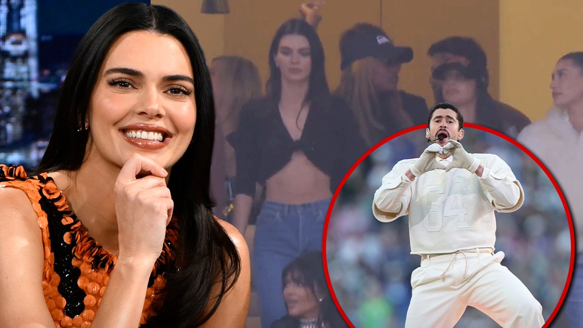 TMZ's tweet image. 👀 Kendall Jenner watches her ex Bad Bunny perform at the Super Bowl Halftime Show.

Video: tmz.me/HVvZfye