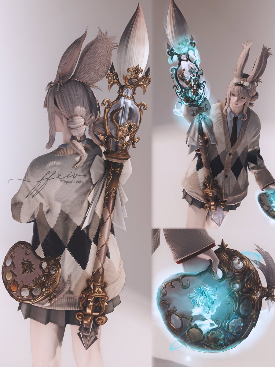 forte_xlv's tweet image. ピクマンのファントムウェポンかわいすぎた…
個人的に納刀時のほうが好きなので光らないやつか染色したら光る色も変わるやつ実装されないかなぁ🎨
撮った後で気付いたけど筆の柄がカーディガンのアーガイル柄と合っててなお良し😍
#ヴィエラ #おはウサ #3shineViera #ねむロゴ