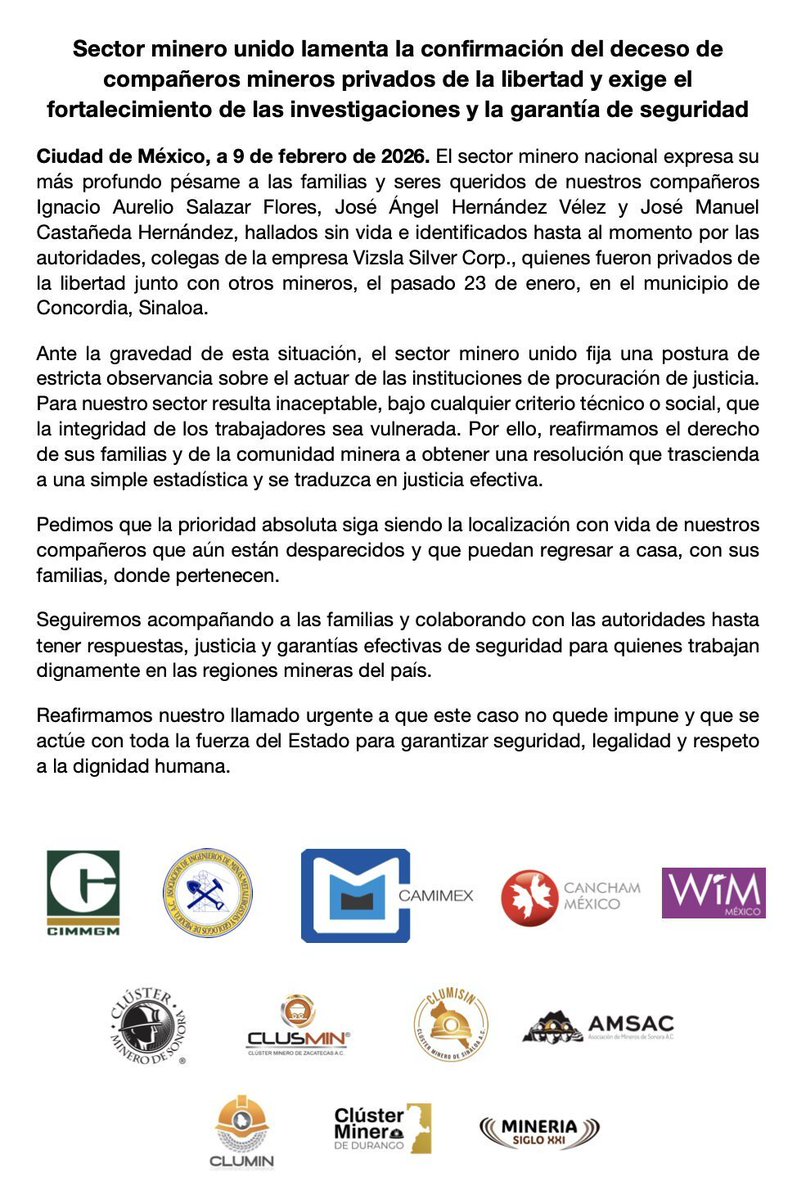 El sector minero lamenta el fallecimiento de Ignacio Aurelio Salazar, José Ángel Hernández y José Manuel Castañeda, y exige fortalecer las investigaciones. 

La prioridad sigue siendo encontrar con vida a los mineros aún desaparecidos y garantizar su regreso a casa con sus