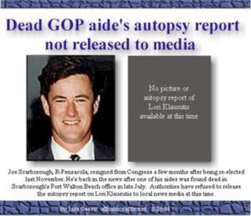 TonySeruga's tweet image. And are we finally going to get to the bottom of the death of 28-year-old intern Lori Klausutis, found dead in Joe Scarborough’s (@JoeNBC) Florida office?   

And guess who has the raw mobile devices and vehicle GPS data, Joe?  

The data six months leading up to her death are…